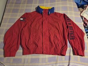 Vintage Tommy Hilfiger Spellout Jacket Red Yellow Blue Flag Patch 1990s XL